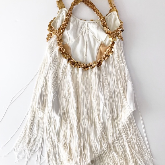 Vintage Fringe Back Bodysuit Sequin White Lace S - Picture 5 of 10